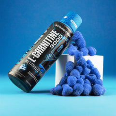 NutraBio L-Carnitine Liquid Shots blue razz label close-up highlighting zero carbs.