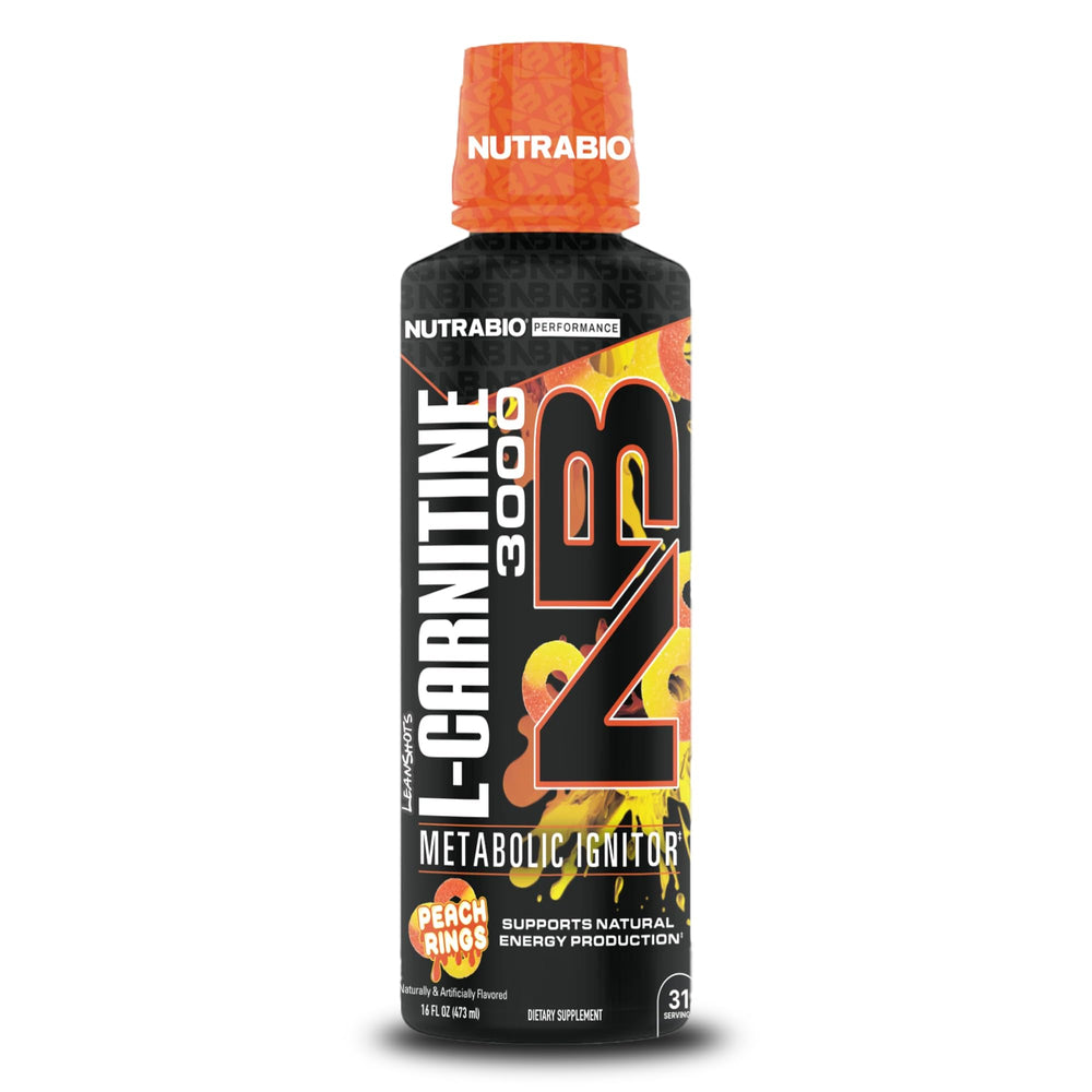NutraBio L-Carnitine Liquid Shots bottle pouring, 3000mg dose for quick energy support.