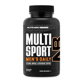 NutraBio Multisport bottle label close-up showing 33 nutrients for athletic support.