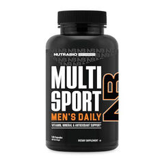 NutraBio Multisport bottle label close-up showing 33 nutrients for athletic support.