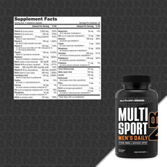 NutraBio Multisport capsules close-up highlighting B-Complex for energy and metabolism.