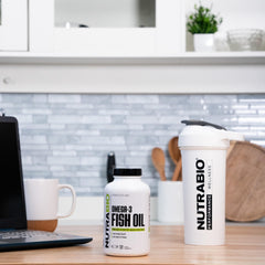 NutraBio Omega-3 on a morning routine table for daily use