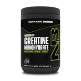 NutraBio Pure Creatine Monohydrate bottle close-up highlighting micronized formula for energy and recovery.