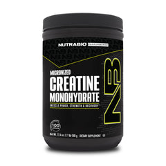 NutraBio Pure Creatine Monohydrate bottle close-up highlighting micronized formula for energy and recovery.