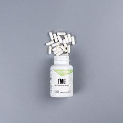 NutraBio TMG label close-up shows transparent third-party tested quality.