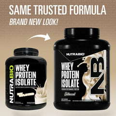 NutraBio whey isolate scoop showing 25g protein per serving.