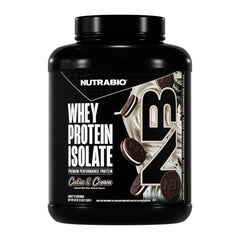 NutraBio 100% Whey Isolate Cookies & Cream tub, high-protein per serving.