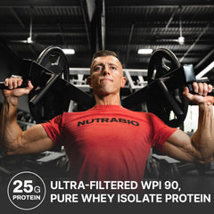 NutraBio non-GMO, gluten-free, soy-free whey isolate container on shelf