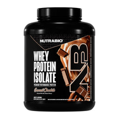 NutraBio whey isolate tub top view showing premium protein labeling
