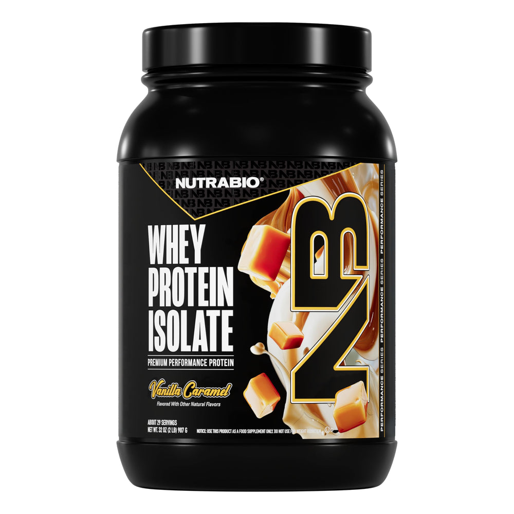 NutraBio Whey Isolate Vanilla Caramel bottle highlights premium protein for muscle recovery