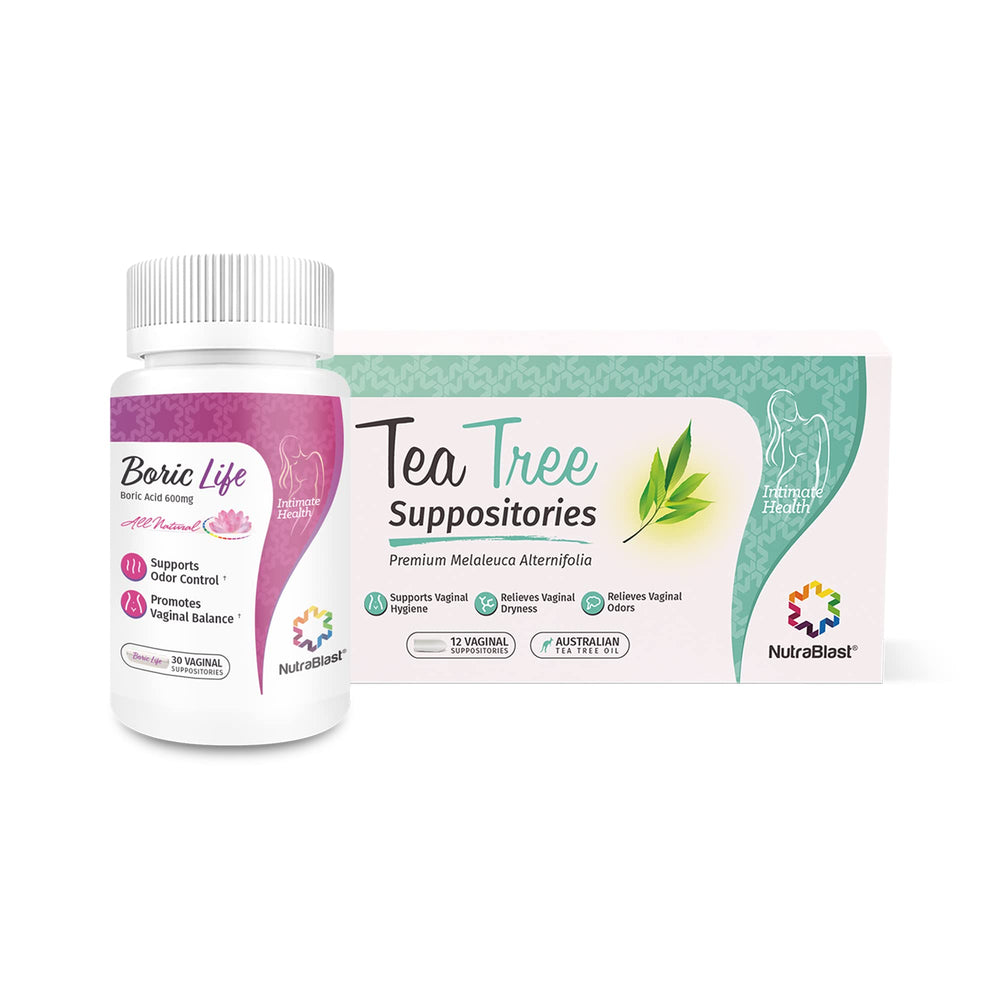 NutraBlast boric acid vaginal suppositories 30-count packaging highlights bundle for balanced intimate care