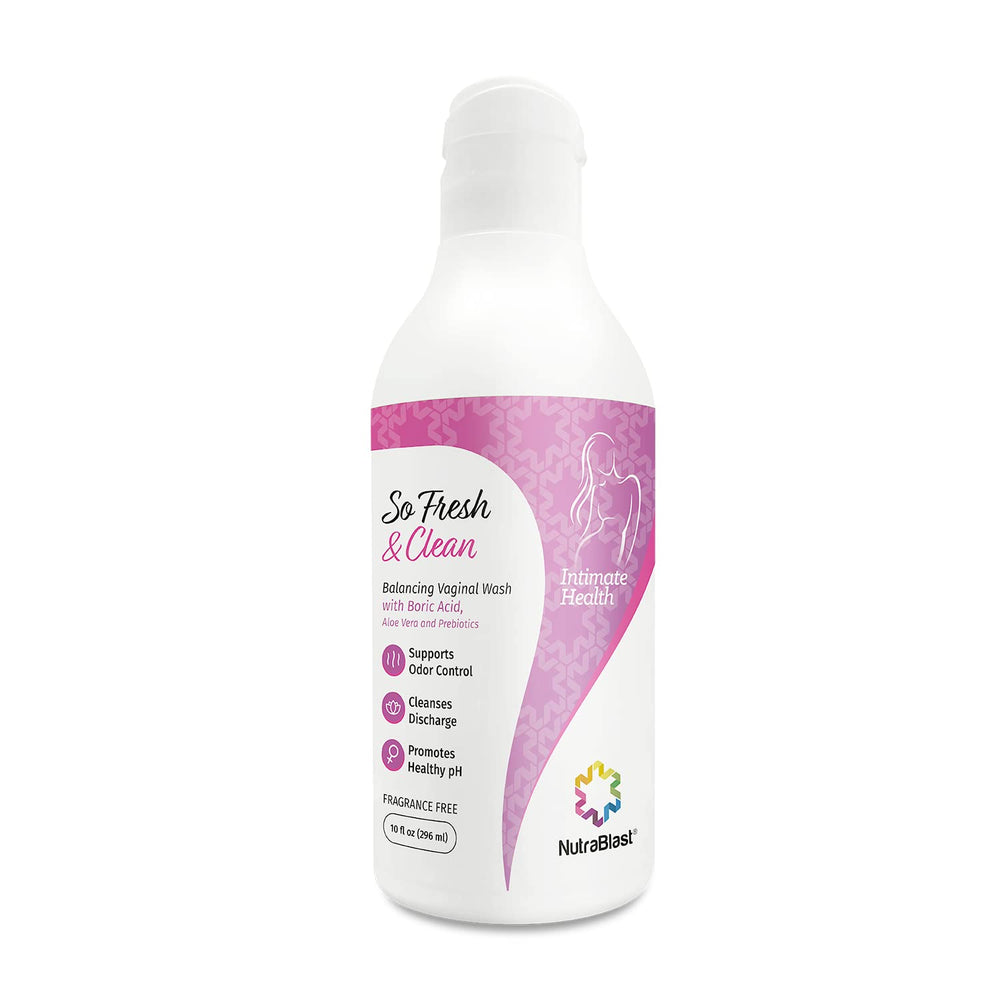 NutraBlast So Fresh & Clean bottle pour demonstrates balanced intimate care.