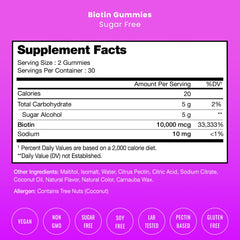 NutraChamps biotin gummies label features vegan, non-GMO, allergen-free formula.