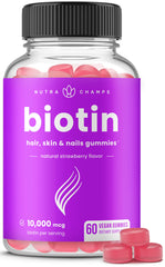 NutraChamps Biotin Gummies jar front view highlighting high potency formula.