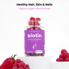NutraChamps biotin gummies on packaging with raspberry flavor for tasty daily routine.
