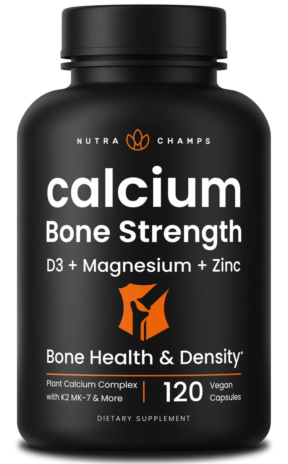 NutraChamps calcium supplement bottle with label promoting bone support.