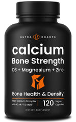 NutraChamps calcium supplement bottle with label promoting bone support.