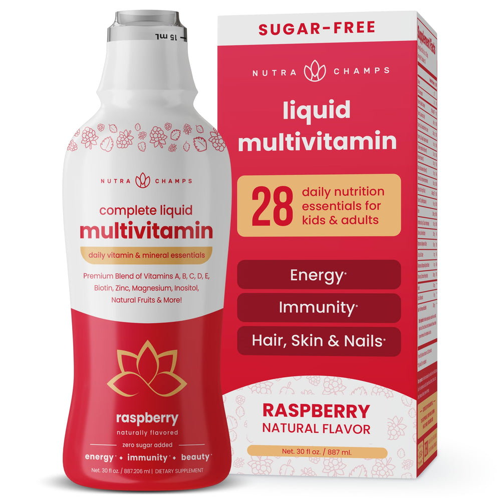 NutraChamps Complete Liquid Multivitamin bottle with raspberry flavor for daily energy