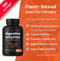 NutraChamps Digestive Enzymes capsules close-up highlighting vegan capsules for sensitive digestion.