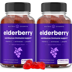 NutraChamps Elderberry Gummies bottle front with natural berry flavor and immune support