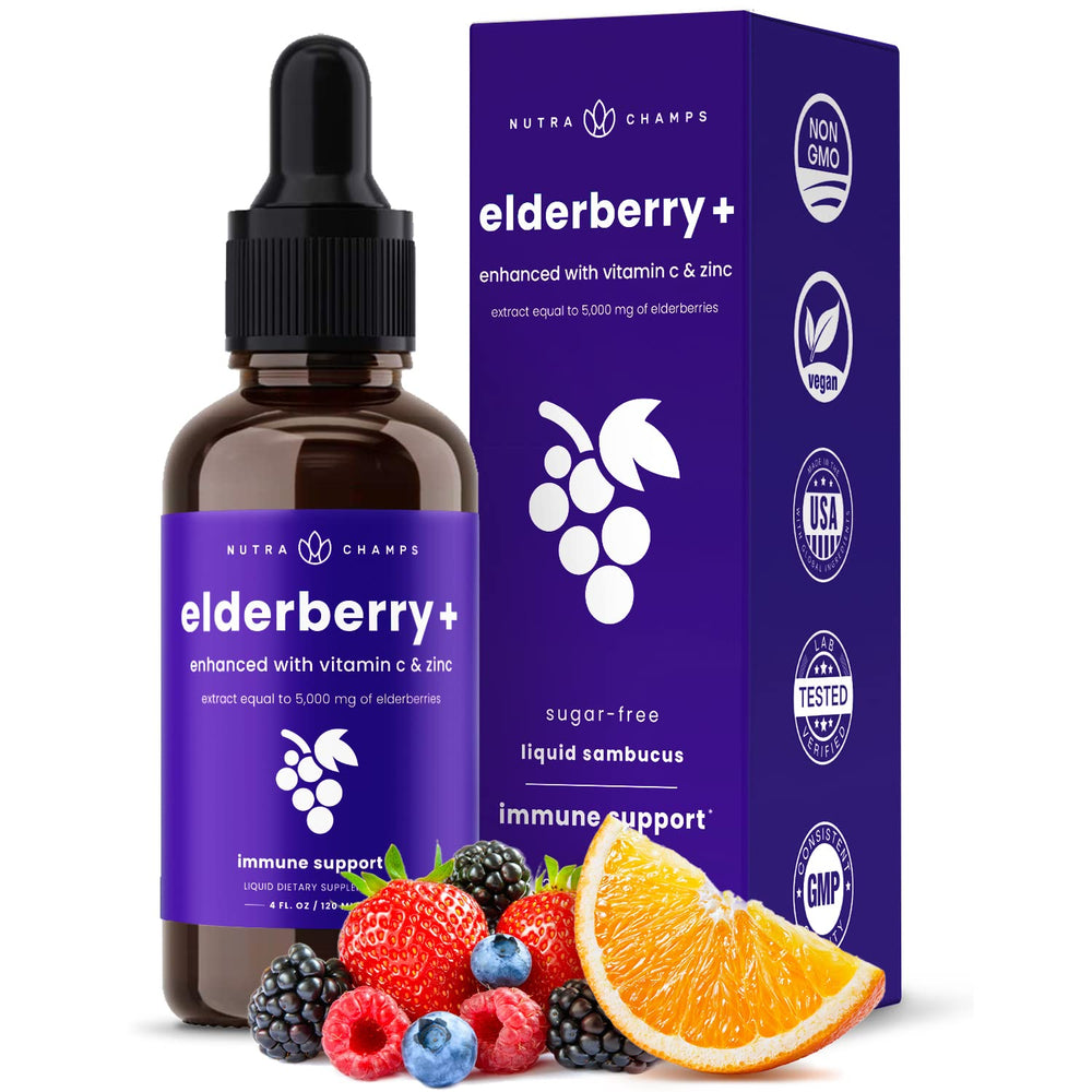 NutraChamps Elderberry Syrup bottle showing 5000mg elderberry extract and vitamin C