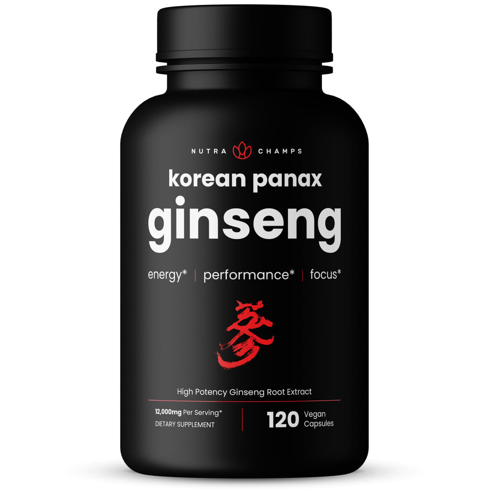 NutraChamps Korean Red Panax Ginseng capsules bottle for steady energy and focus.