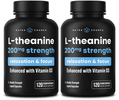 NutraChamps L-Theanine 200mg bottle pour showing calm, focused use