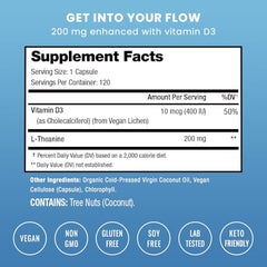 NutraChamps L-Theanine 200mg capsules close-up highlighting vegan formula and coconut oil absorption