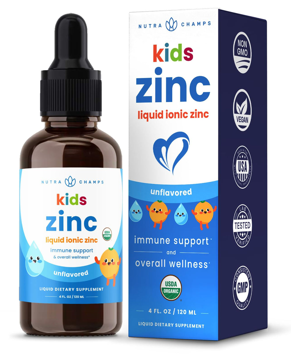 NutraChamps zinc drops for kids in a tangerine bottle with an easy dropper for dosing