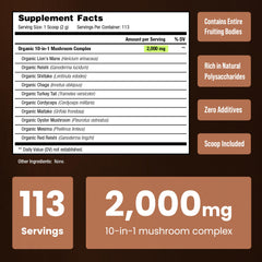 NutraChamps Organic Mushroom Powder bottle side view showing 10-in-1 blend.
