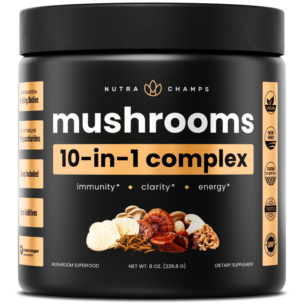 NutraChamps Organic Mushroom Powder jar front view with clean label; potential immune support.