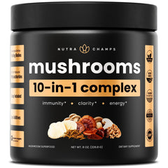 NutraChamps Organic Mushroom Powder jar front view with clean label; potential immune support.