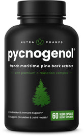 NutraChamps Pycnogenol bottle with pour highlighting circulation support potential.