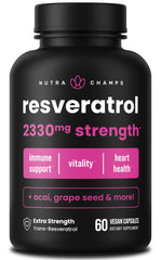 NutraChamps Resveratrol bottle shows an extra strength formula for healthy aging.