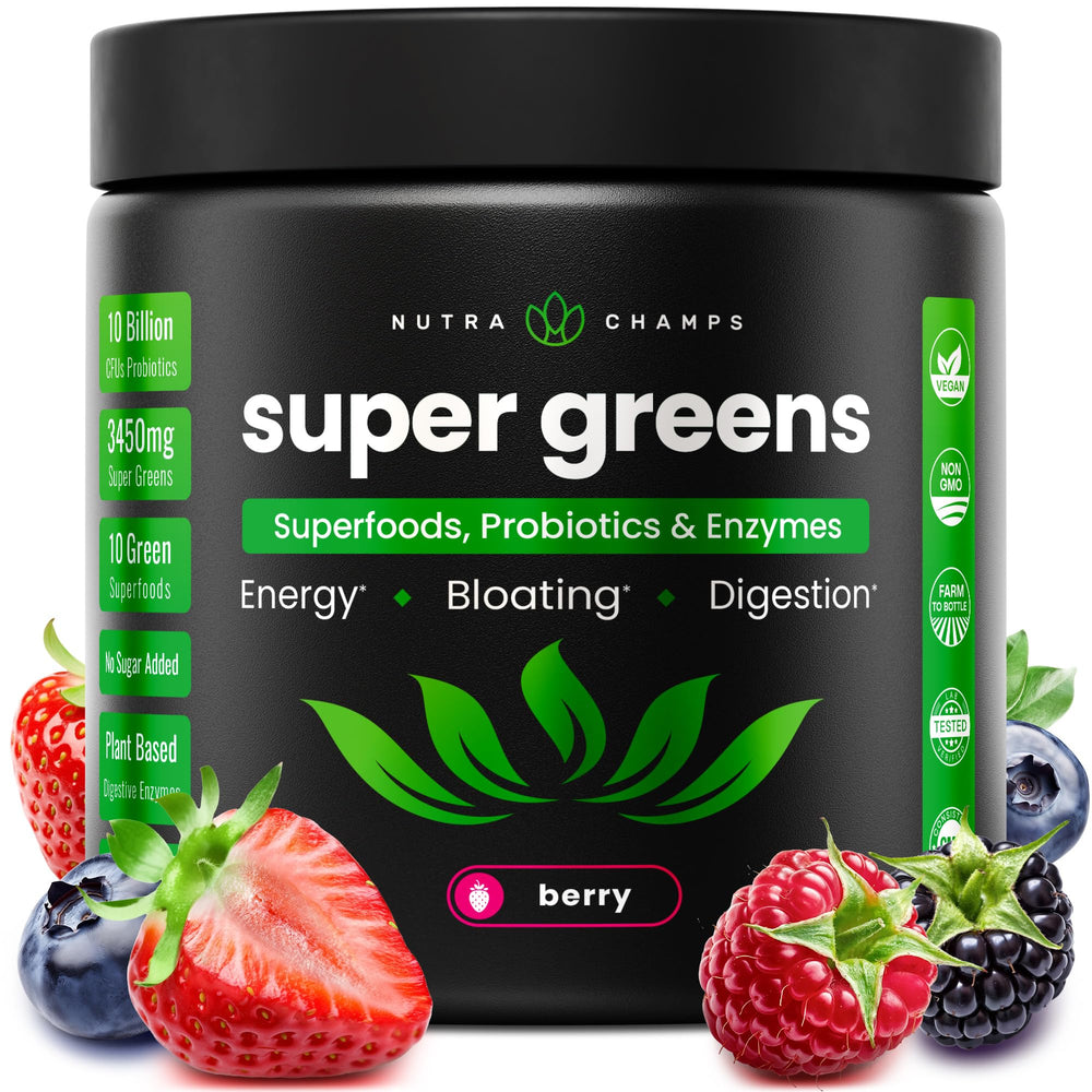 NutraChamps Super Greens bottle closeup highlighting organic greens for daily wellness.
