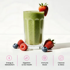 NutraChamps Super Greens ingredient visual shows fruits, vegetables, enzymes, and probiotics.