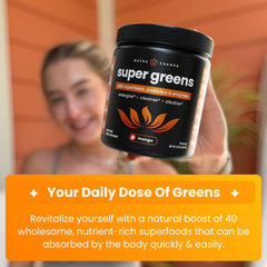 NutraChamps Super Greens label closeup highlights mango flavor and freshness.