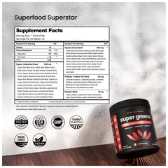 NutraChamps Super Greens powder with spoon emphasizes convenient serving and gut-friendly nutrients.