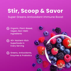 NutraChamps Super Greens ingredients label highlights organic greens and enzymes.