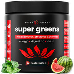 NutraChamps Super Greens watermelon tub shows a nutritious greens blend for daily energy.