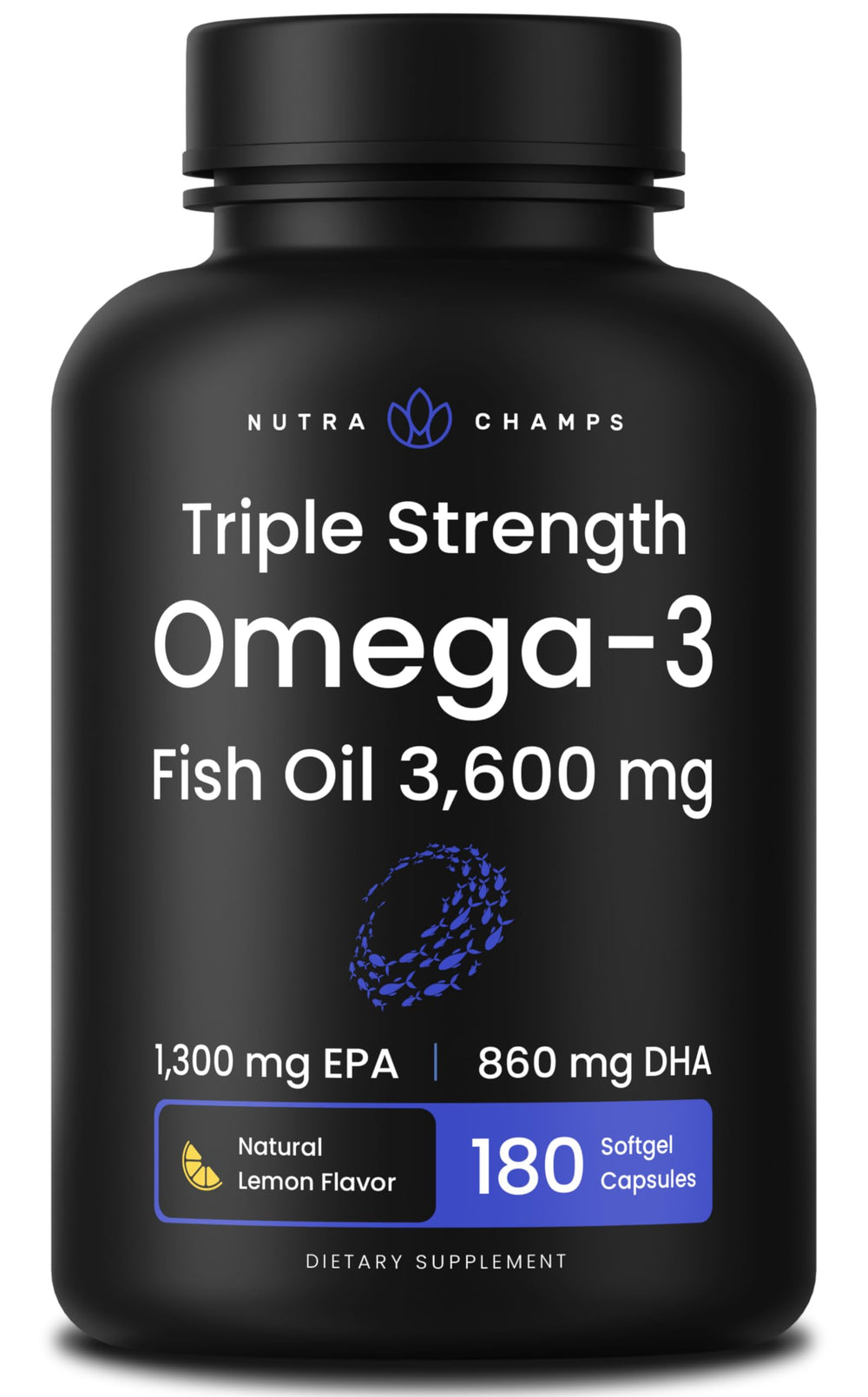 NutraChamps triple-strength omega-3 bottle with lemon flavor supports daily omega-3 intake