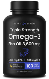 NutraChamps triple-strength omega-3 bottle with lemon flavor supports daily omega-3 intake