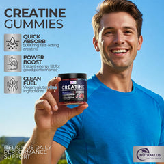 Nutraflus Creatine Monohydrate Gummies close-up highlights chewy texture for easy dosing.