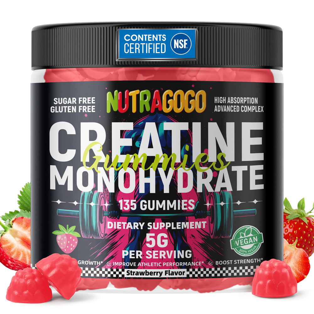 NUTRAGOGO Creatine Monohydrate Gummies bottle on table for daily energy support
