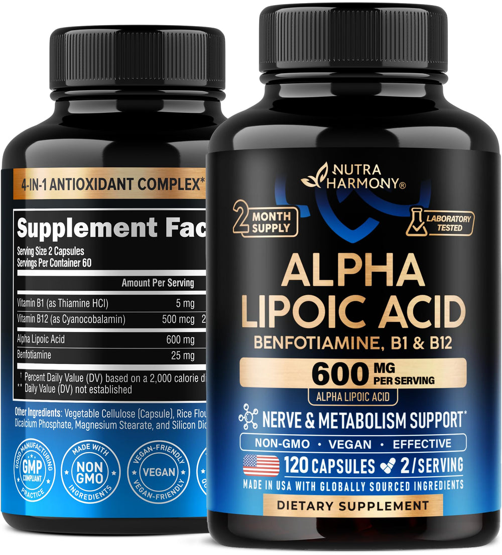 NUTRAHARMONY Alpha Lipoic Acid 600mg bottle showcasing potent antioxidant support