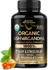 NutraHarmony Ashwagandha bottle front signaling USDA Organic formula for daily stress support.