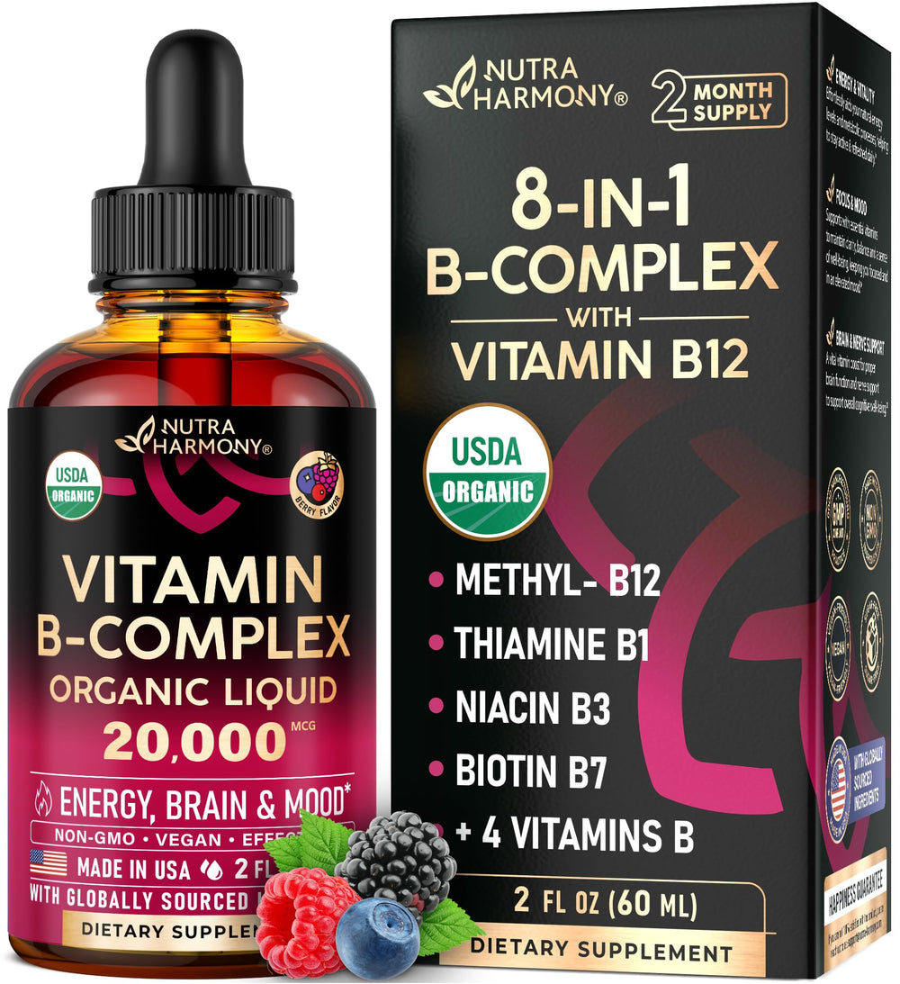 NUTRAHARMONY B Complex Drops bottle pour shows high-potency berry formulation.