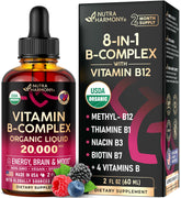 NUTRAHARMONY B Complex Drops bottle pour shows high-potency berry formulation.