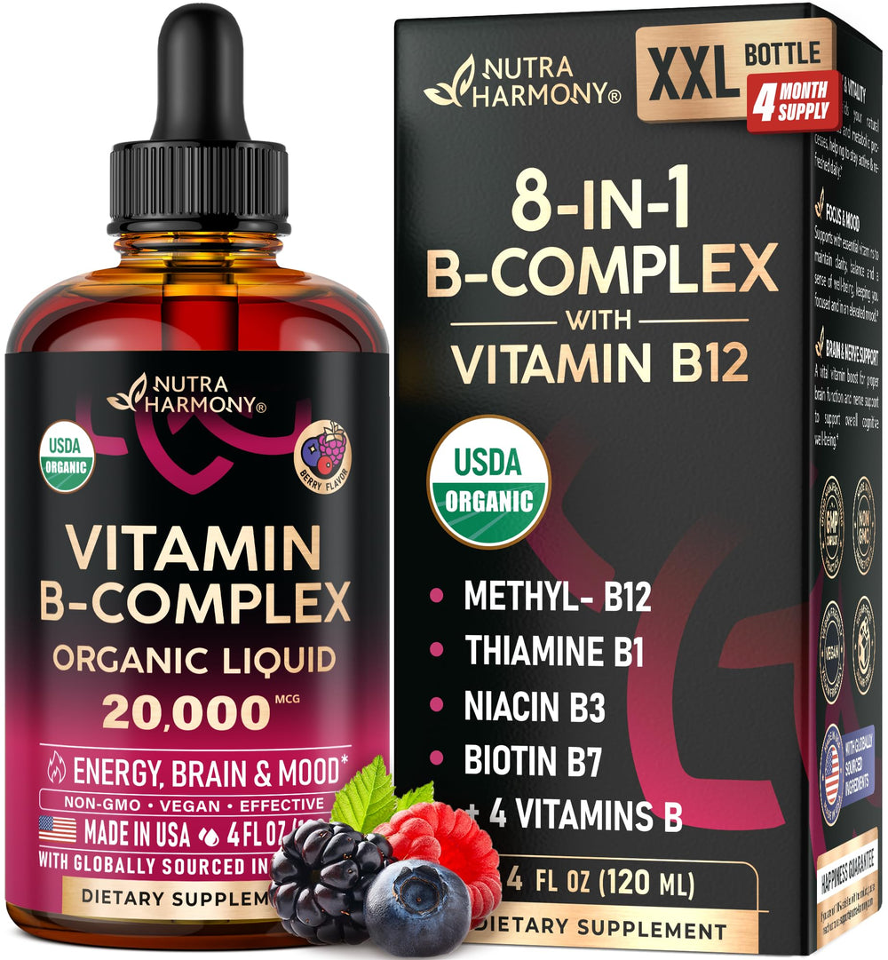 NutraHarmony B Complex Drops bottle displayed, supports energy without harsh stimulants.