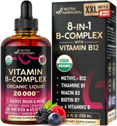 NutraHarmony B Complex Drops bottle displayed, supports energy without harsh stimulants.